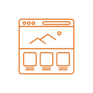 Outline of a web browser window showing a mountain image with sun and three content blocks beneath.