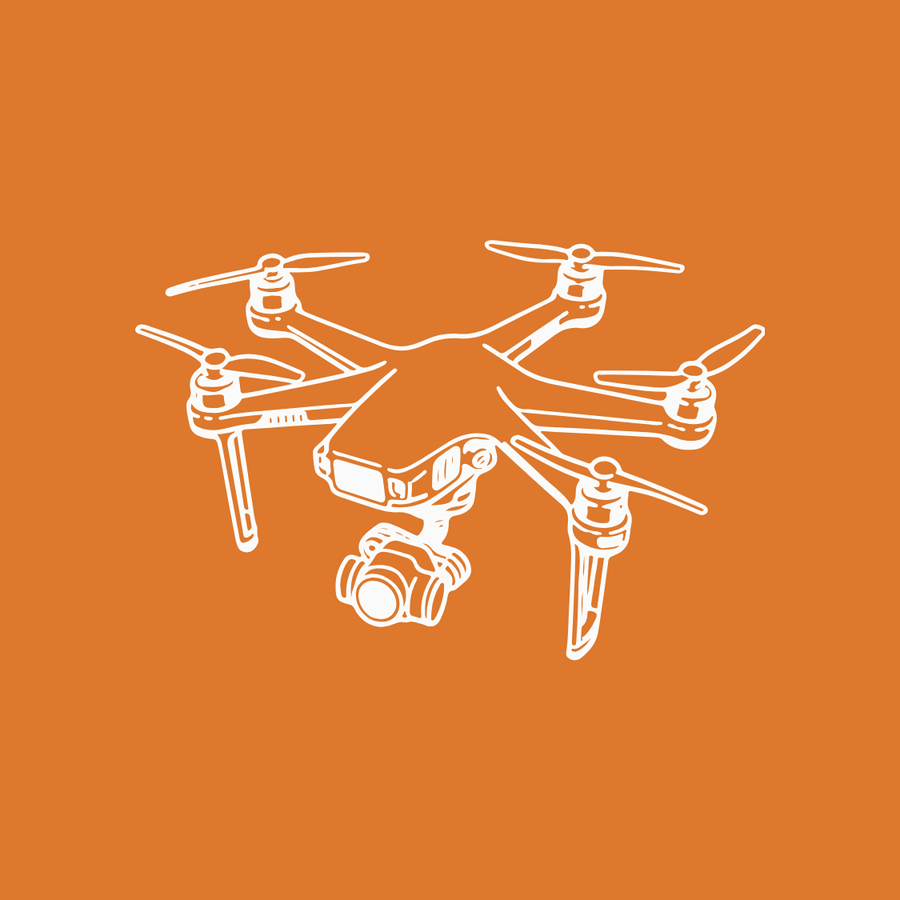 White line drawing of a quadcopter drone with camera on an orange background.
