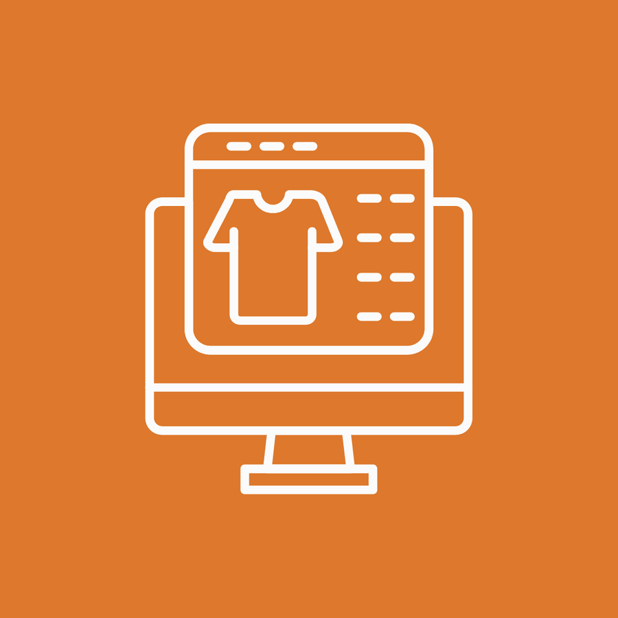 Icon of a computer monitor displaying a webpage with a t-shirt and text lines, on an orange background.