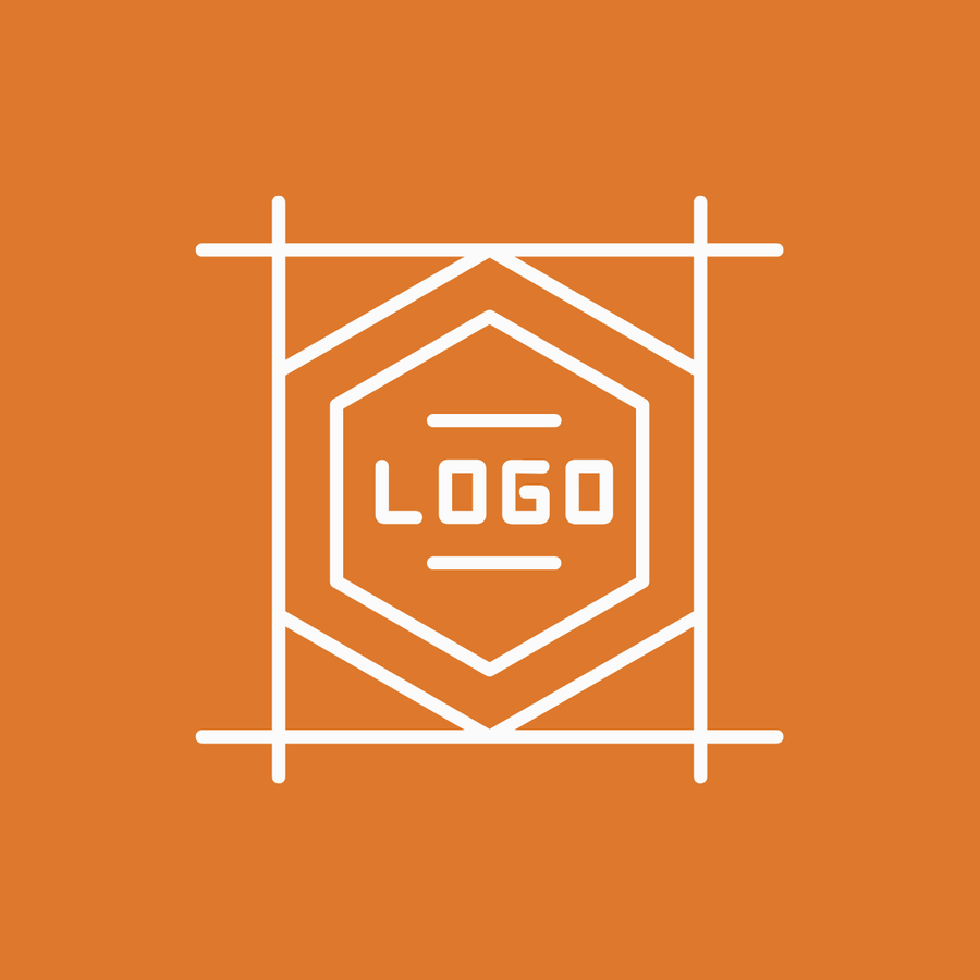 White outlined hexagonal logo design icon on an orange background.