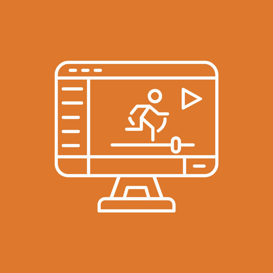 Computer monitor with a video player interface showing a running stick figure and a play button, on an orange background.