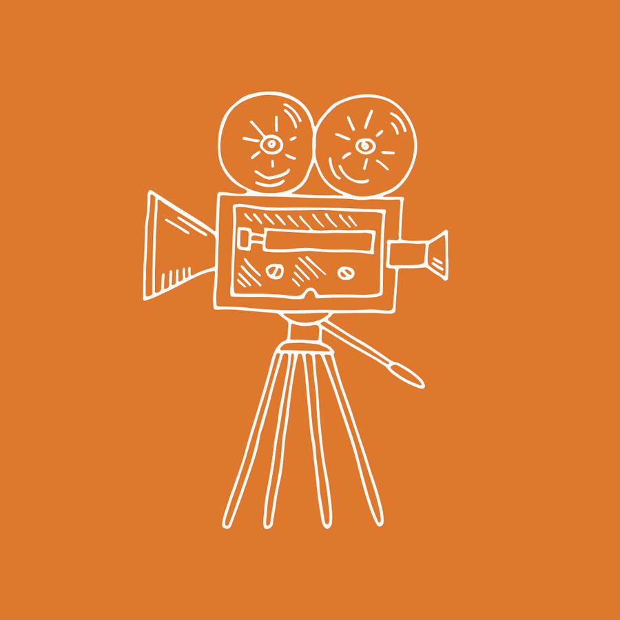 White line drawing of a vintage film camera on tripod against an orange background.