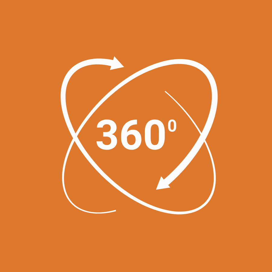 White 360-degree symbol with circular arrows on an orange background.