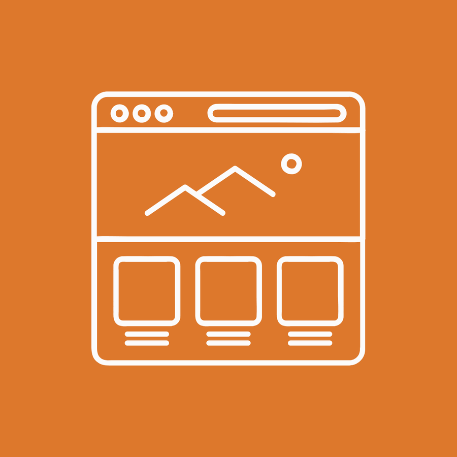 Icon of a webpage layout with an image placeholder above three content blocks on an orange background.