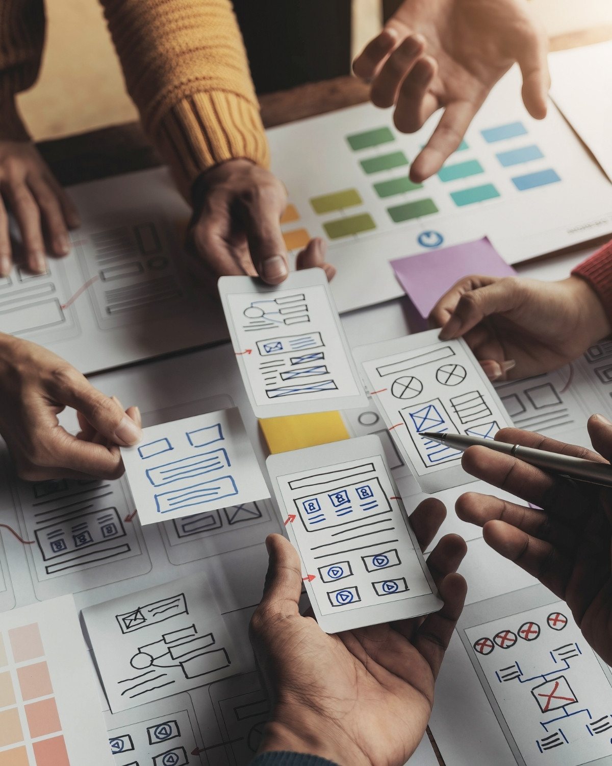 Several hands collaborating over wireframe sketches and design layouts on paper.
