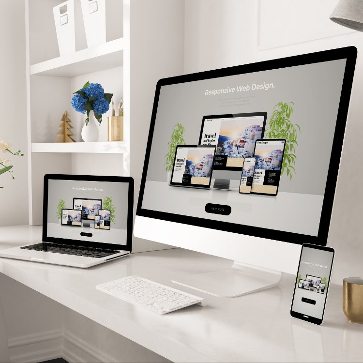 Responsive website shown on a desktop, laptop and phone in a bright home office