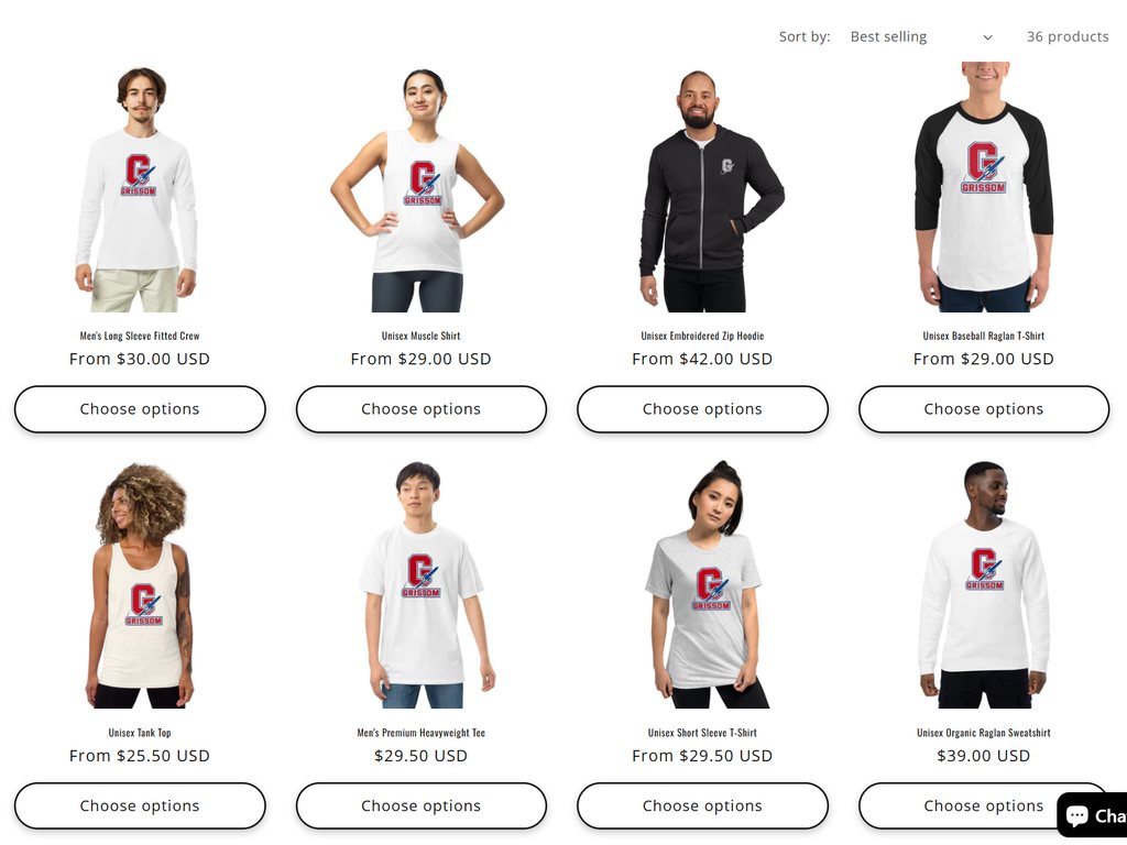 Online store collection page showing Grissom branded apparel on models with Choose options buttons