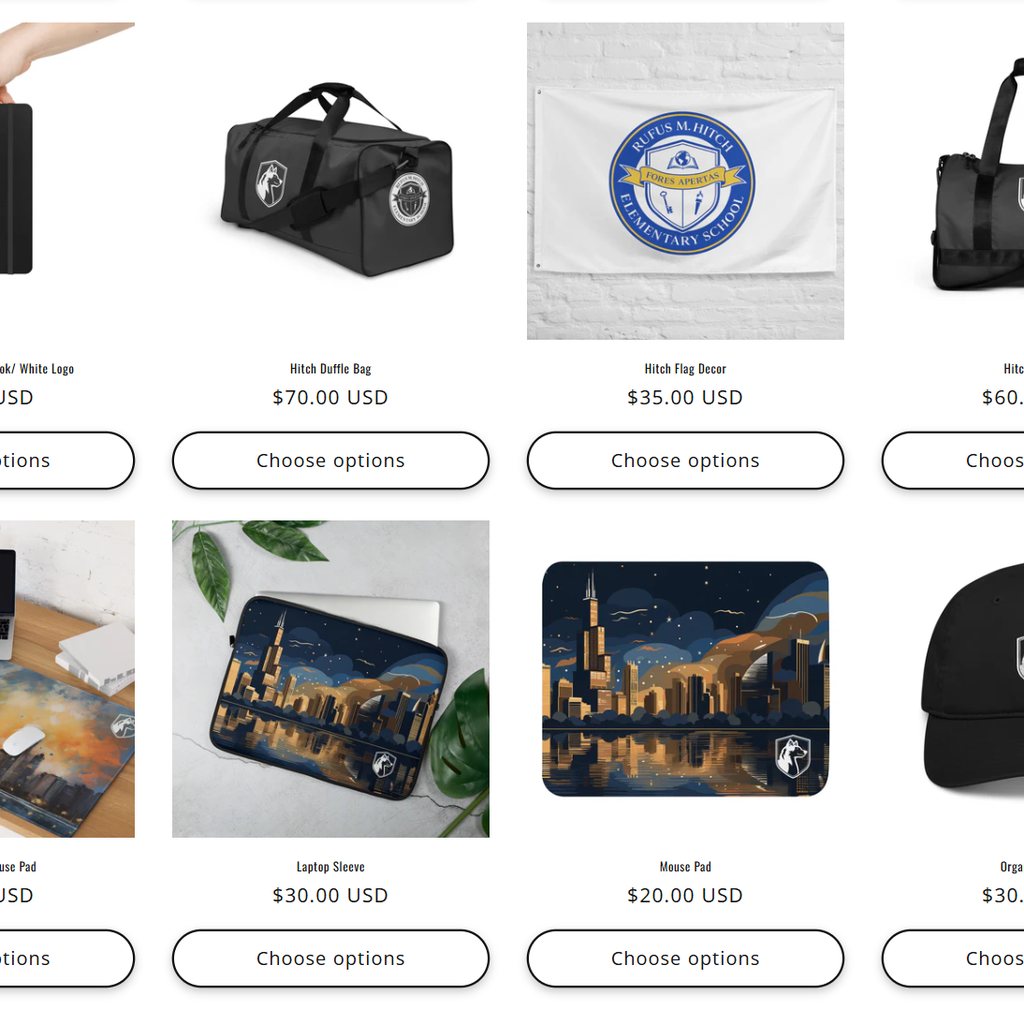Online store product grid with duffel bags, a school flag, mouse pads and hats