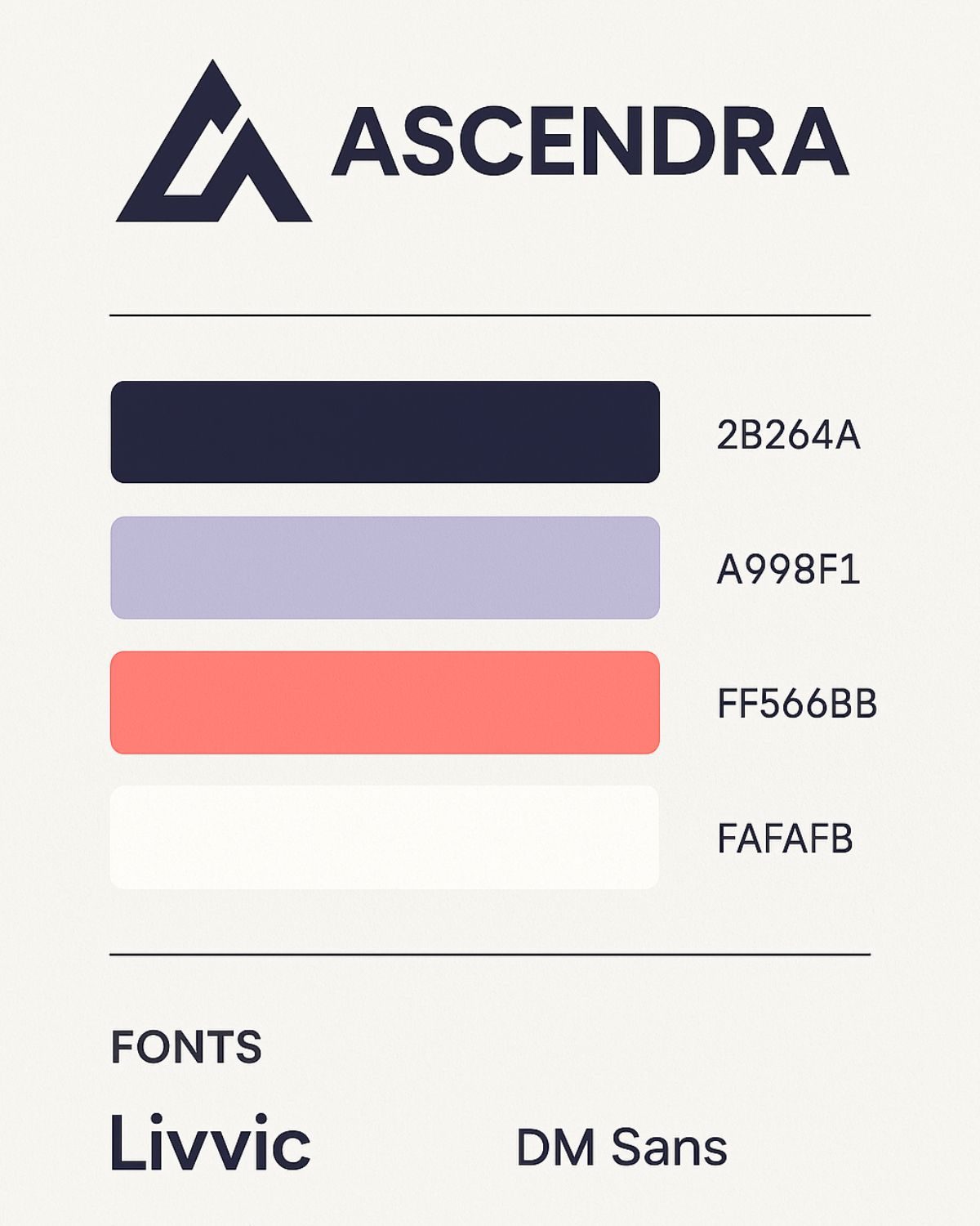 Ascendra brand guidelines page with logo, color palette and fonts