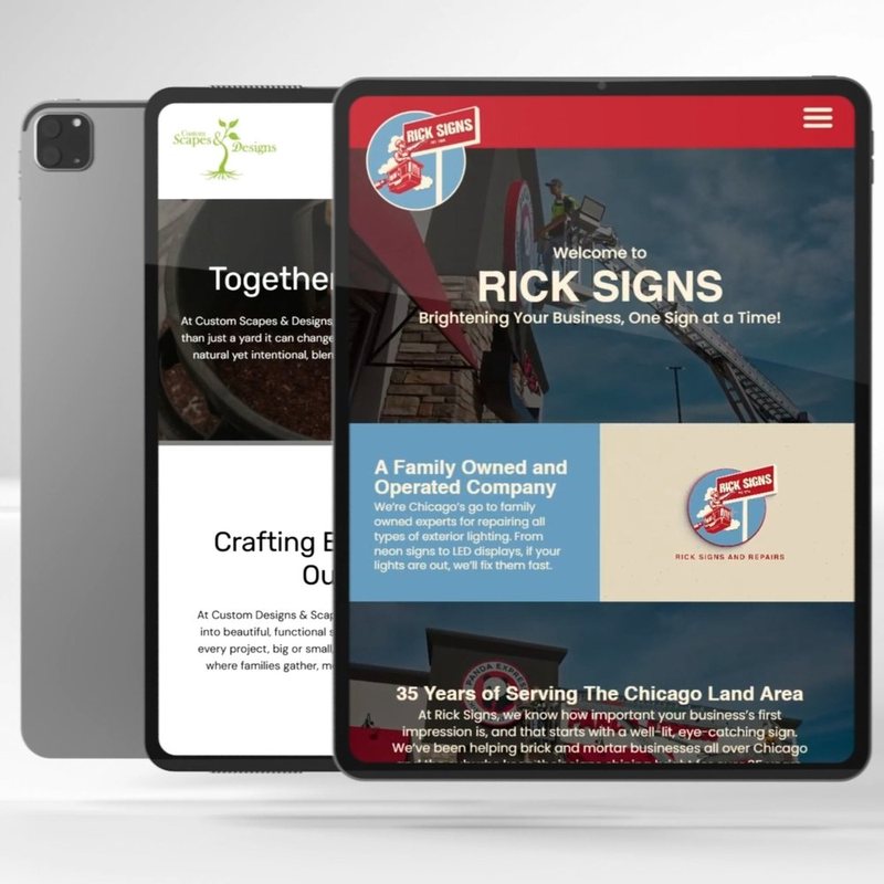 Three overlapping tablets showing website homepages, the front one displaying the Rick Signs site.