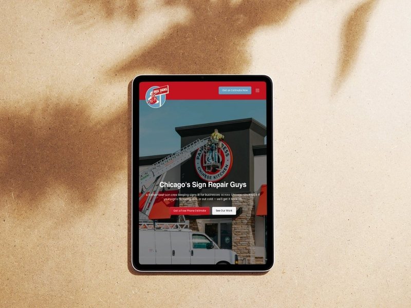 Rick Signs & Repairs website designed by Identity Start, shown on a tablet