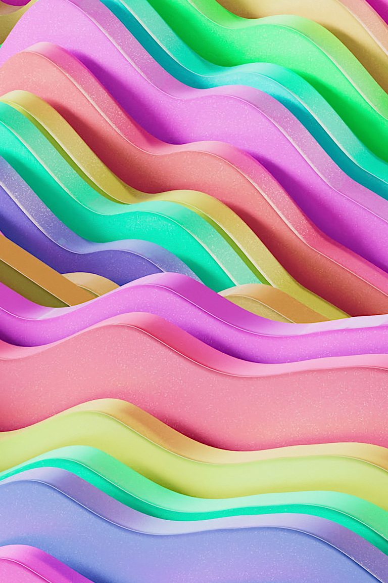 Colorful 3D wave pattern in pink, green and gold, an example of Identity Start motion design