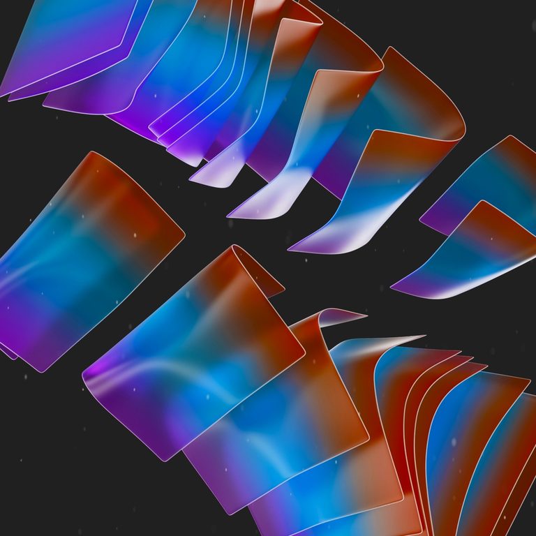 Iridescent glass ribbons floating on a dark background, an example of Identity Start 3D motion graphics