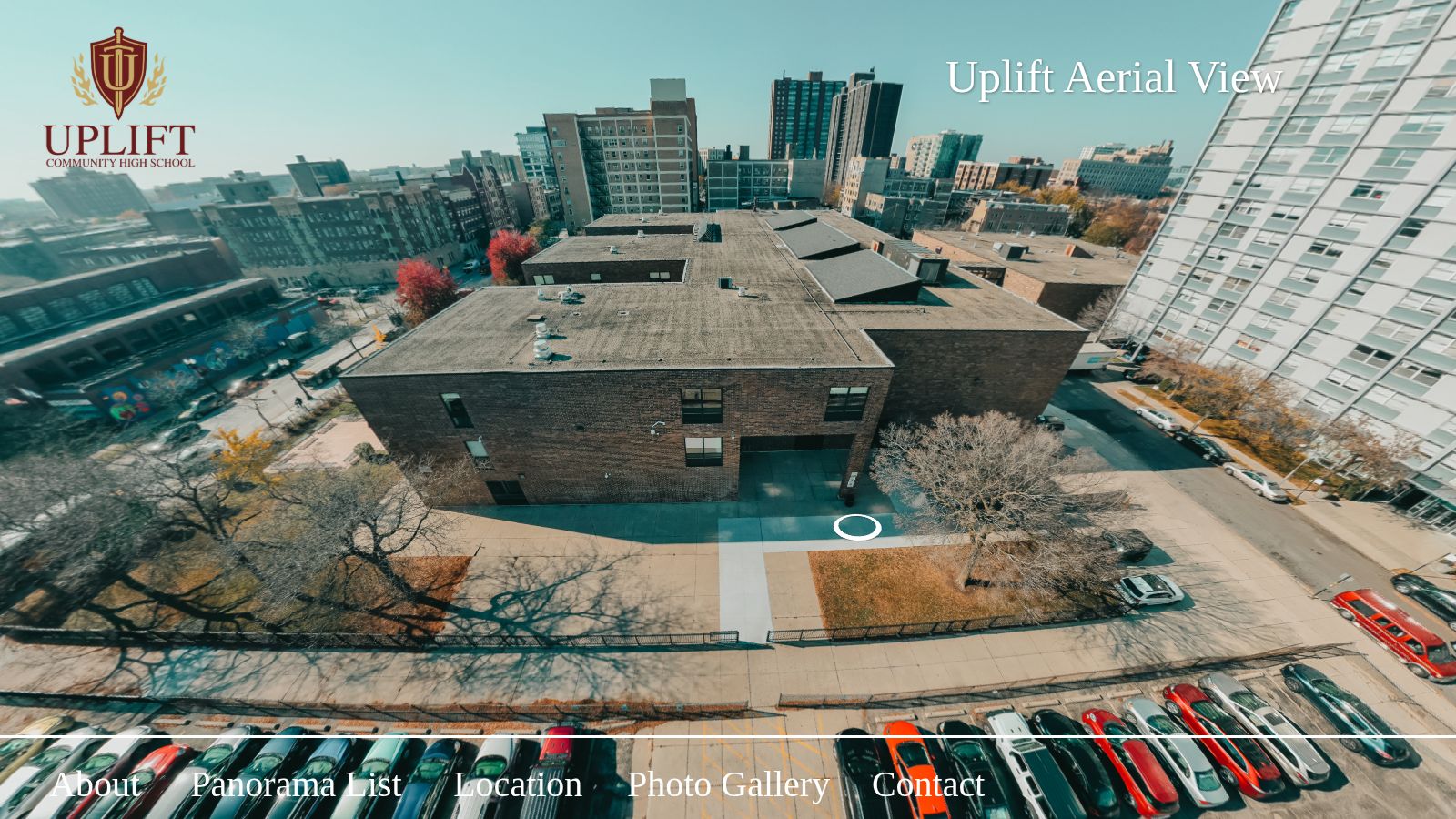 Preview of the Uplift Community High School 360 virtual tour, an aerial view of the school building in Chicago