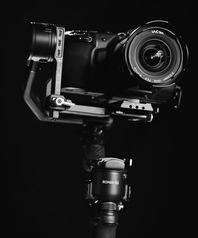 Professional camera mounted on a gimbal stabilizer for video production
