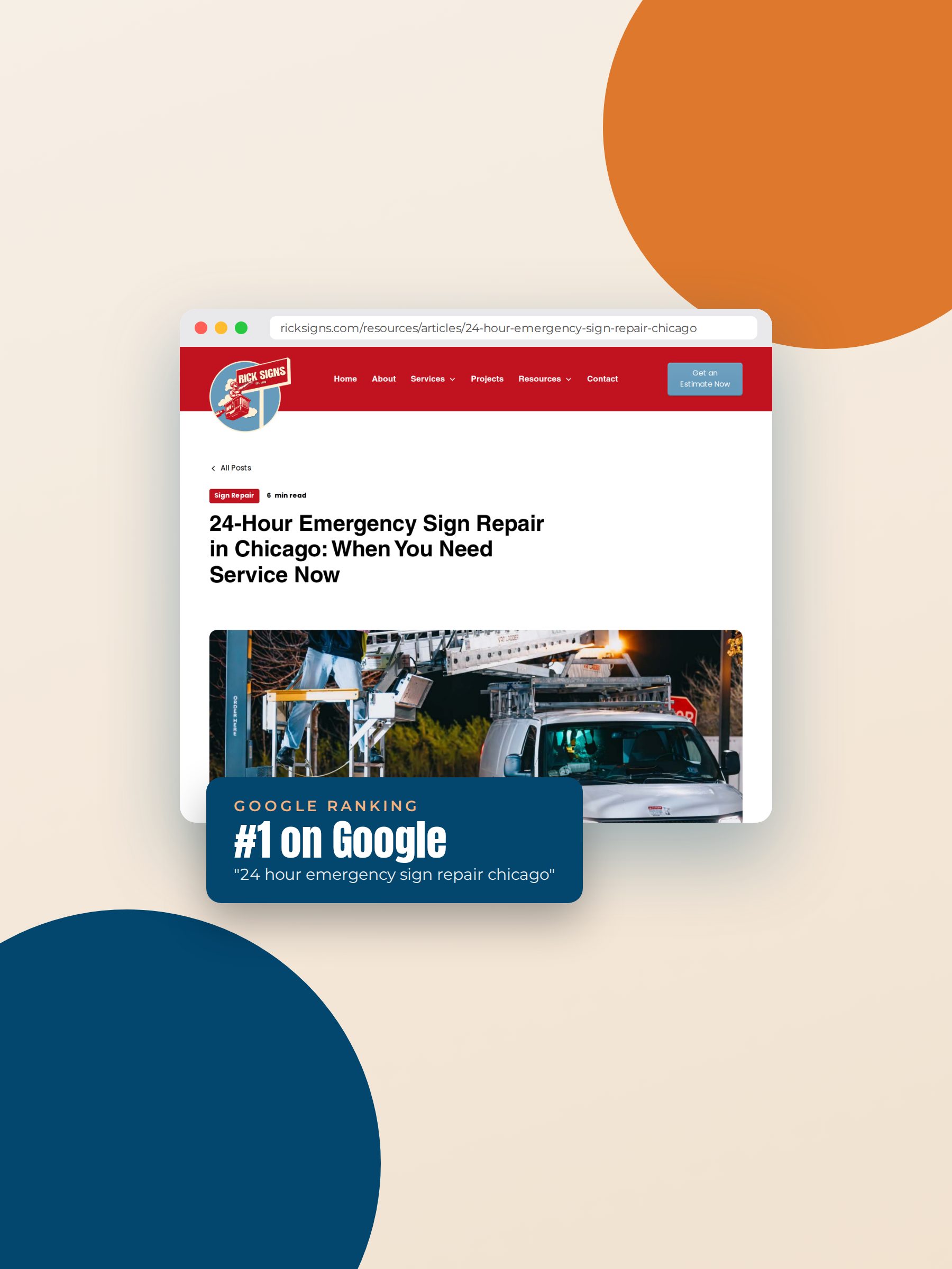Rick Signs & Repairs 24-hour emergency sign repair article in a browser, ranking number one on Google