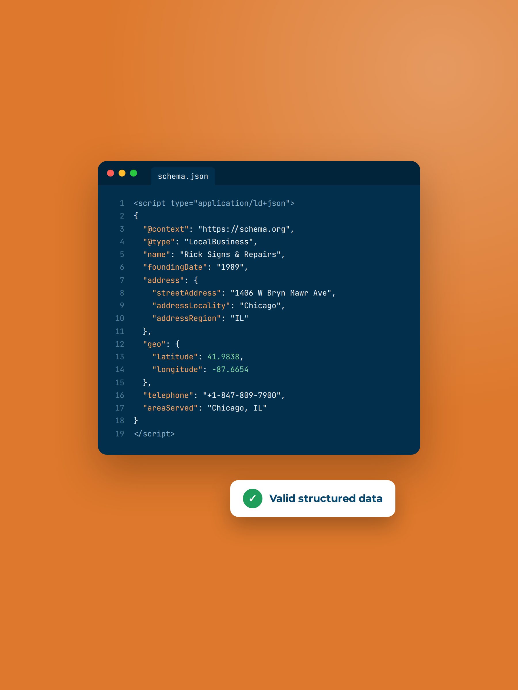 Code editor showing valid LocalBusiness schema markup for a Chicago business