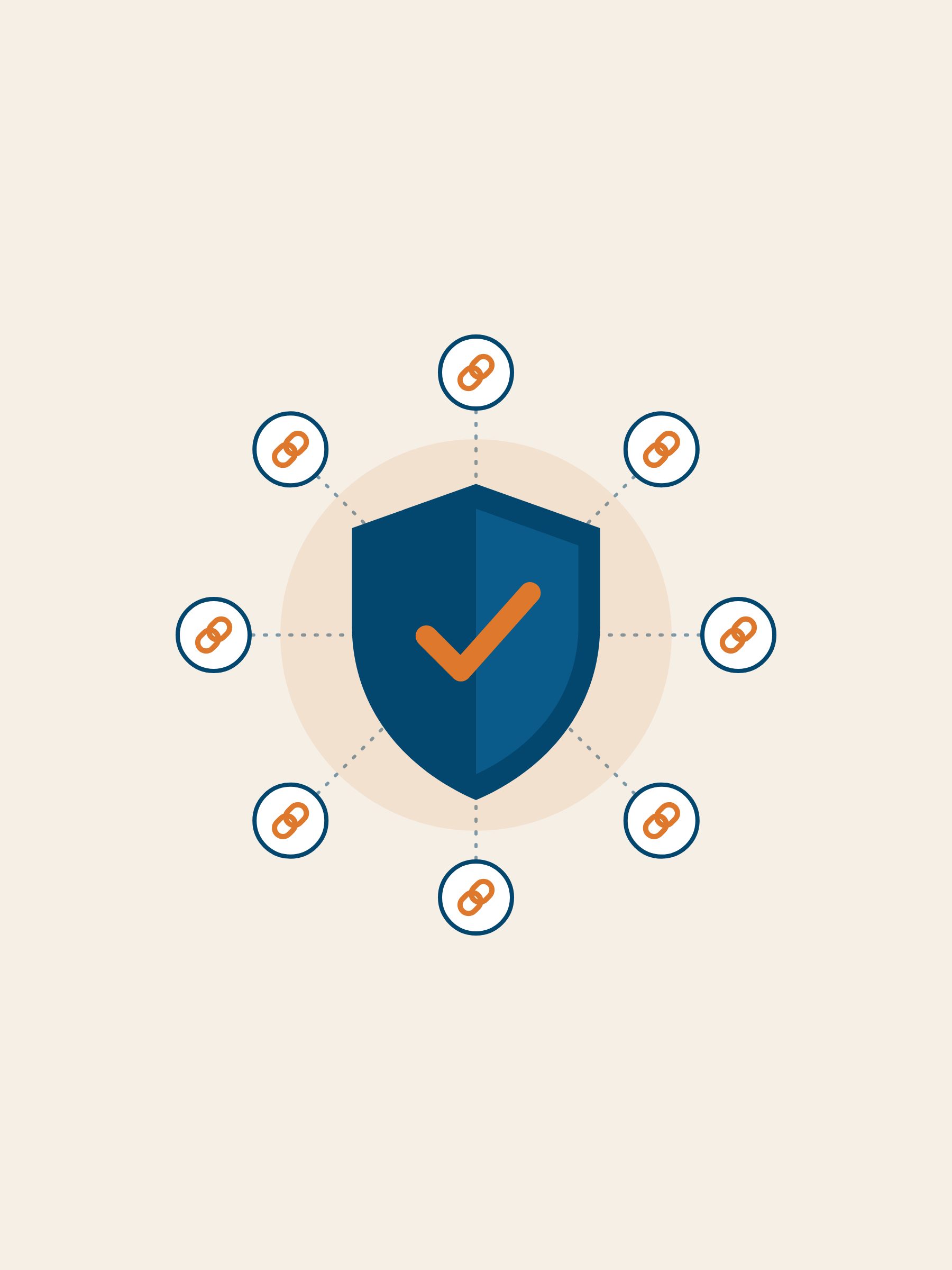Shield with a checkmark surrounded by eight incoming links, representing backlinks and domain authority