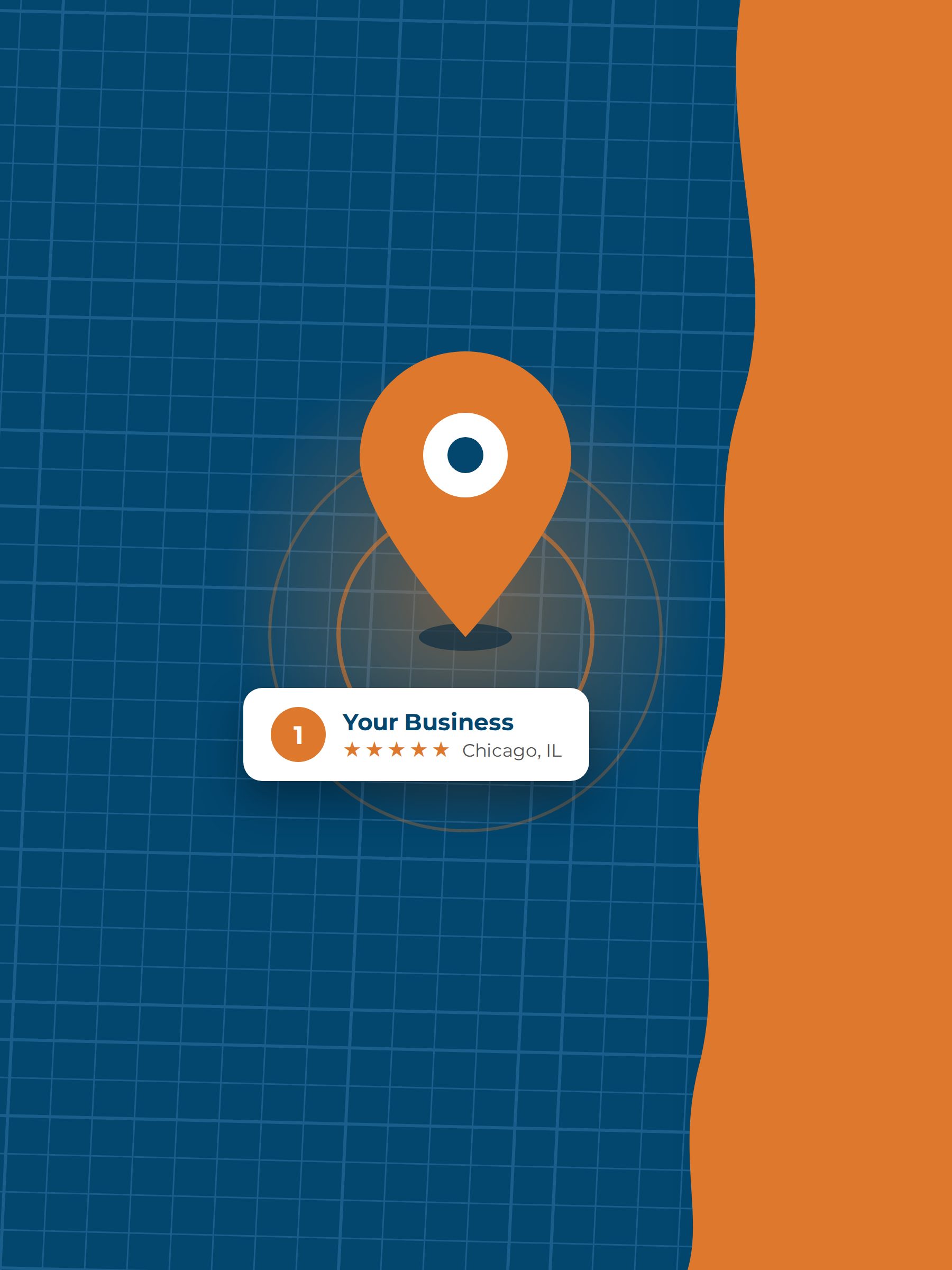 Illustrated Chicago street map with an orange map pin above a five-star Your Business listing in Chicago, IL