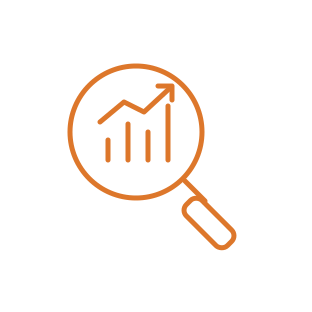 Orange line icon of a magnifying glass over a rising bar chart with an upward trend arrow.