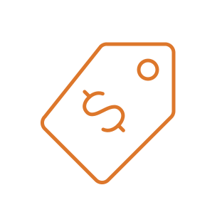 Orange line icon of a price tag with a dollar sign.