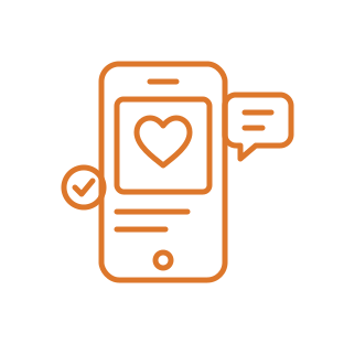Orange line icon of a smartphone showing a post with a heart, a chat bubble and a checkmark.