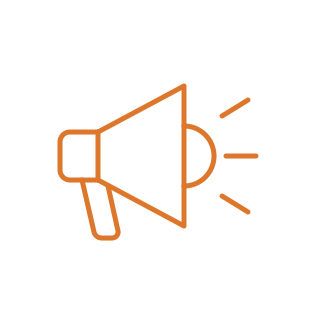 Orange line icon of a megaphone with sound lines.