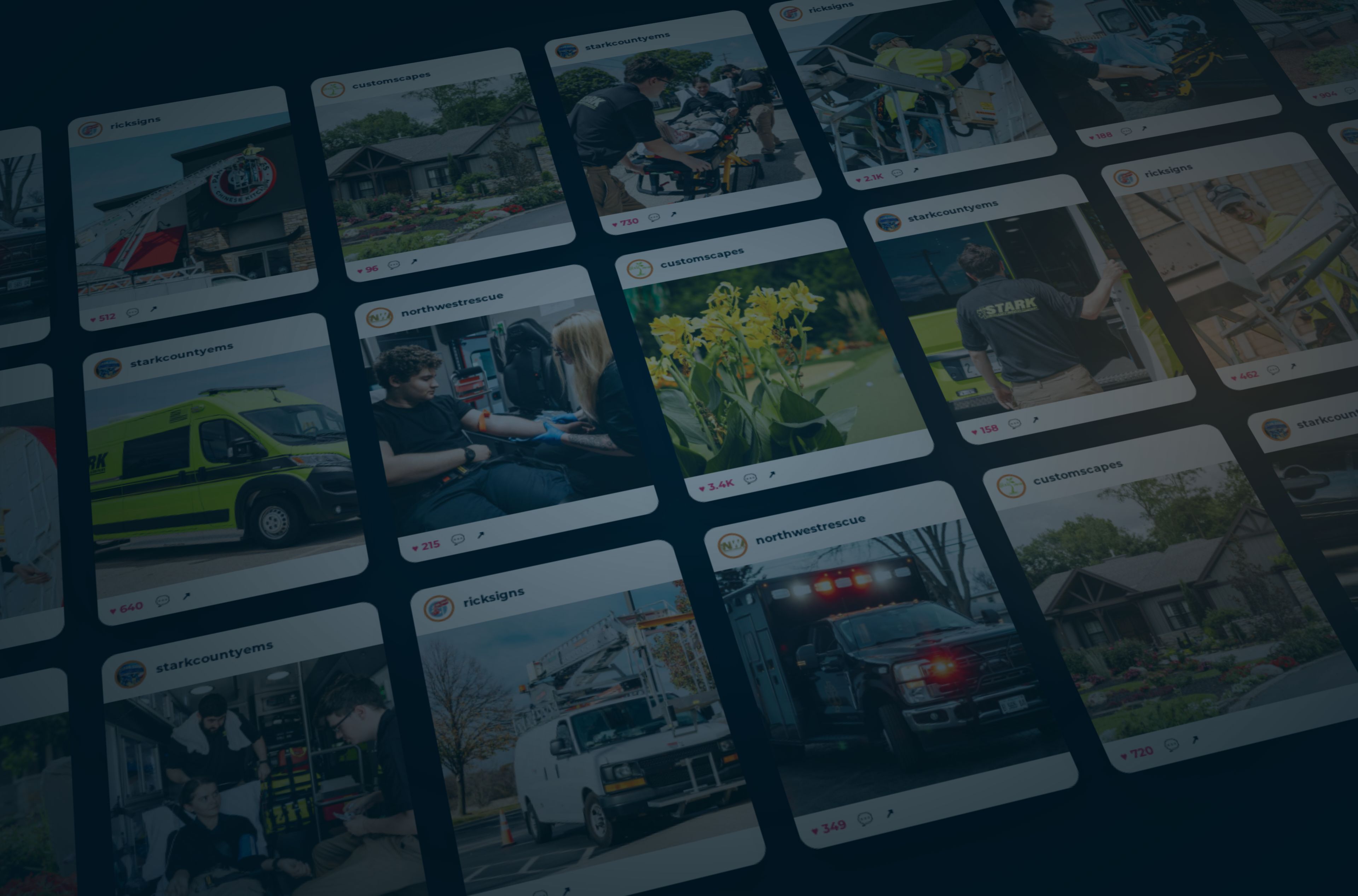 Grid of social media posts created for Northwest Rescue, Stark County EMS, Rick Signs and Custom Scapes.