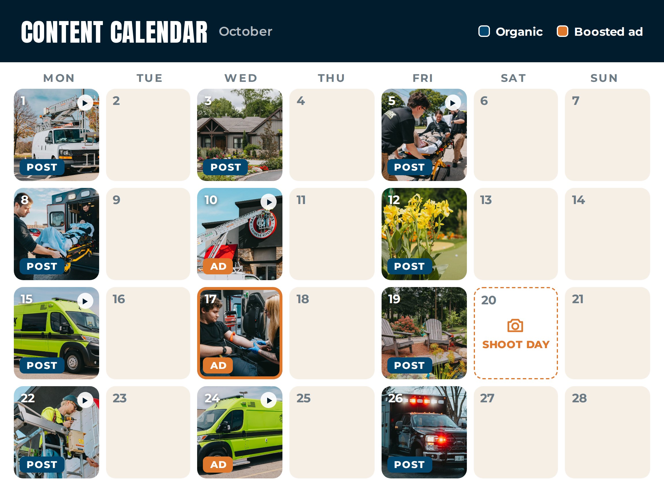 Monthly content calendar with organic posts, boosted ads and a scheduled shoot day for Identity Start clients