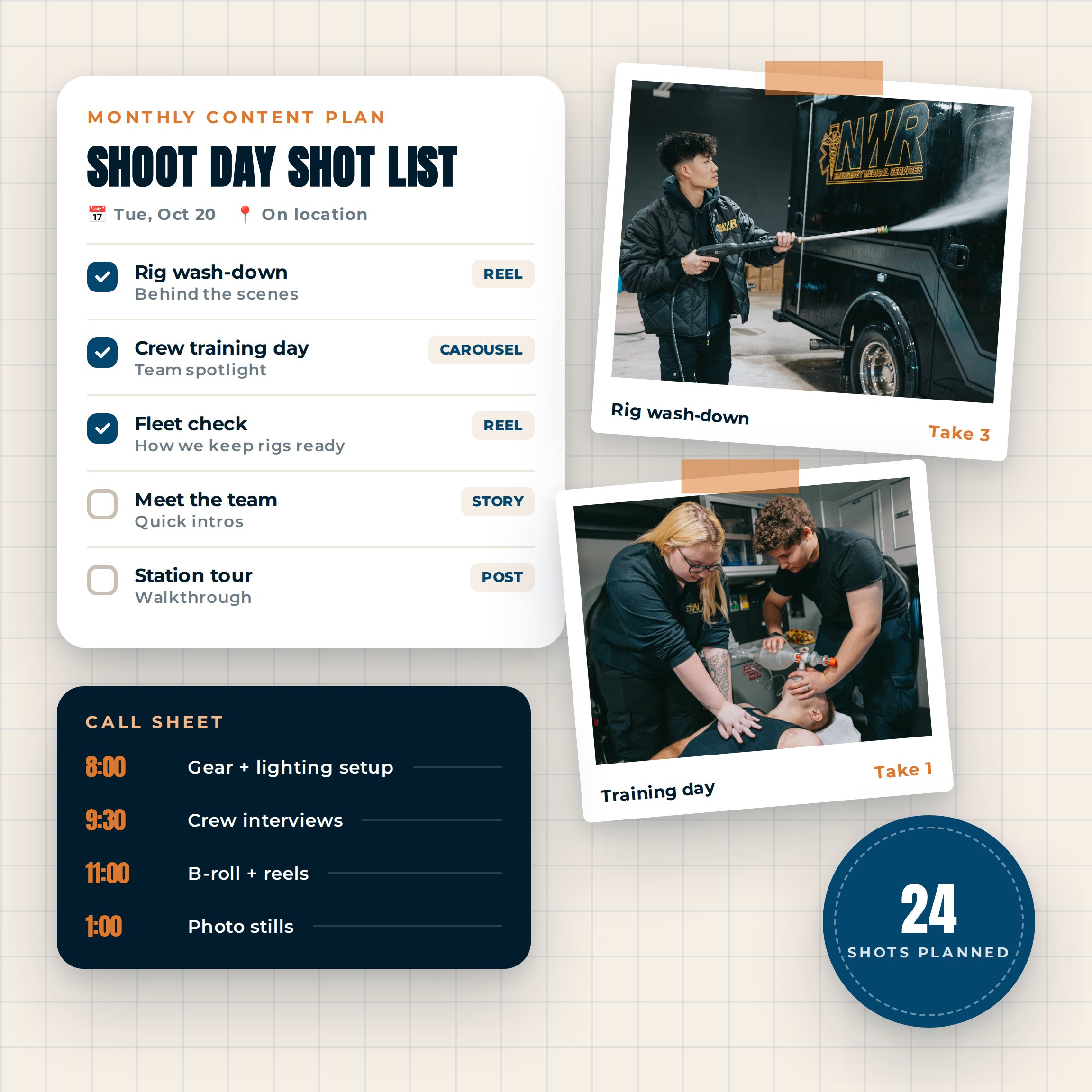 Shoot day shot list and call sheet with Polaroid photos of a Northwest Rescue rig wash-down and crew training day