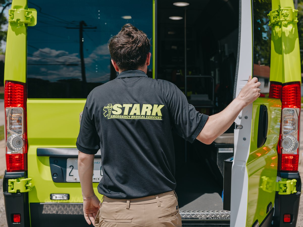 Stark County Ambulance EMT opening the rear doors of the ambulance
