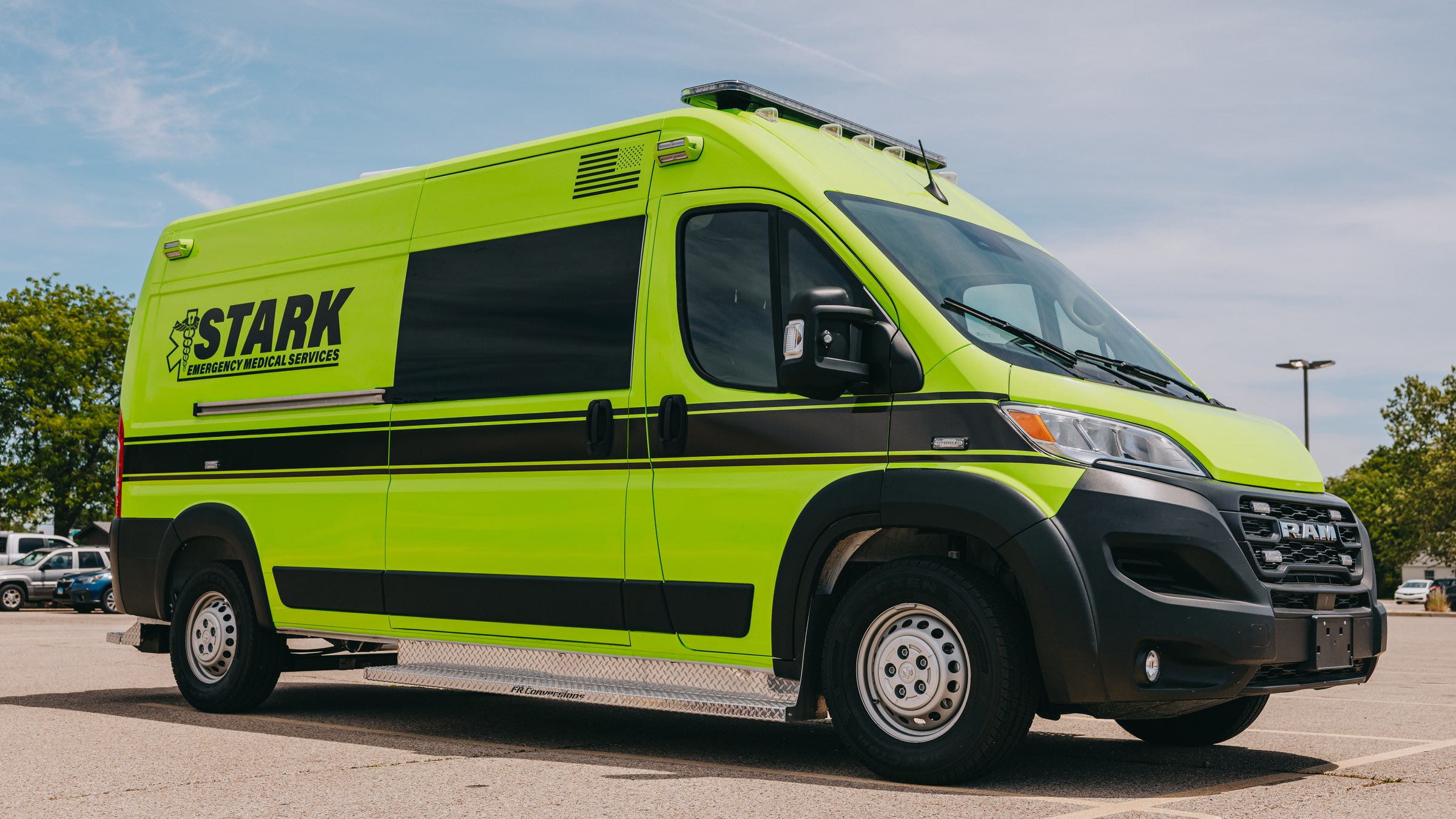 Lime green Stark County Ambulance Ram ProMaster ambulance photographed by Identity Start