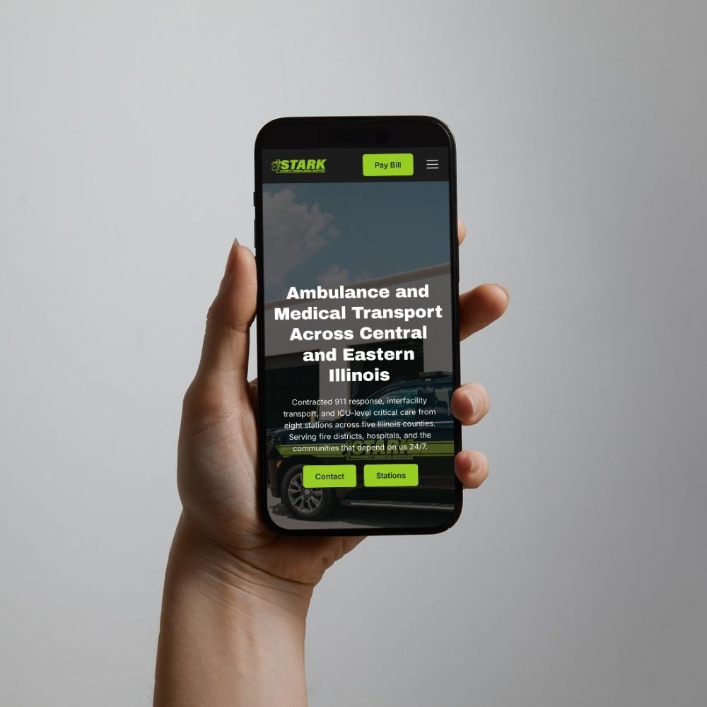 Stark County Ambulance website homepage displayed on a smartphone, designed by Identity Start.