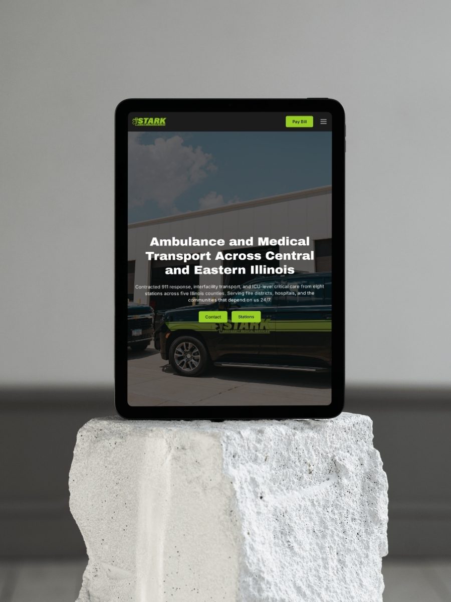 Stark County Ambulance website homepage displayed on a tablet, designed by Identity Start.