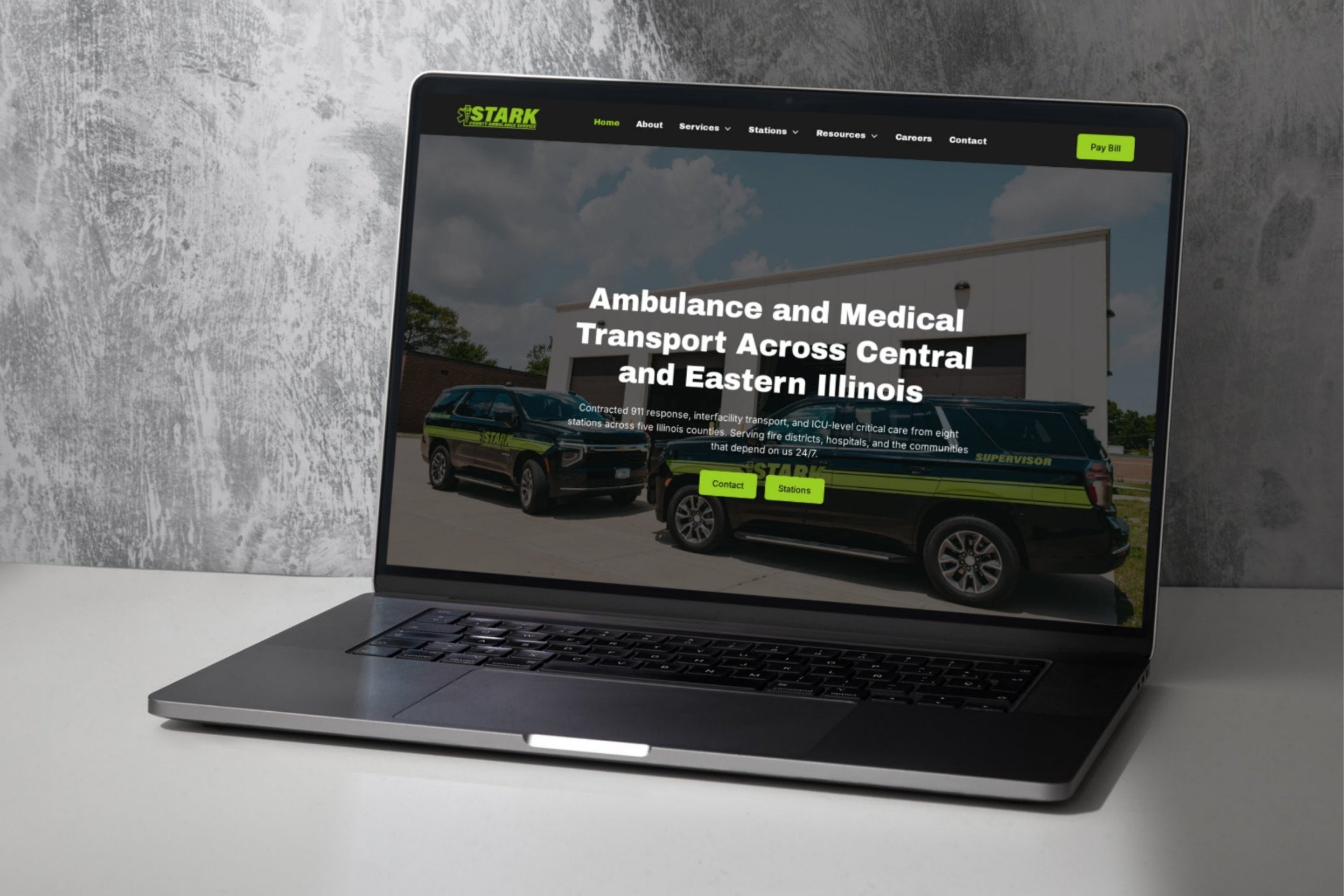 Stark County Ambulance website homepage displayed on a laptop, designed by Identity Start.