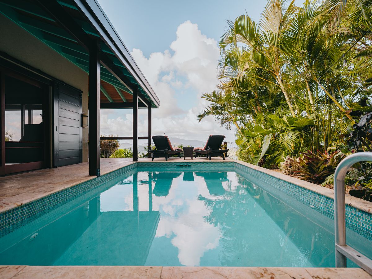 Moon Cottage pool and covered terrace with ocean views in the Virgin Islands