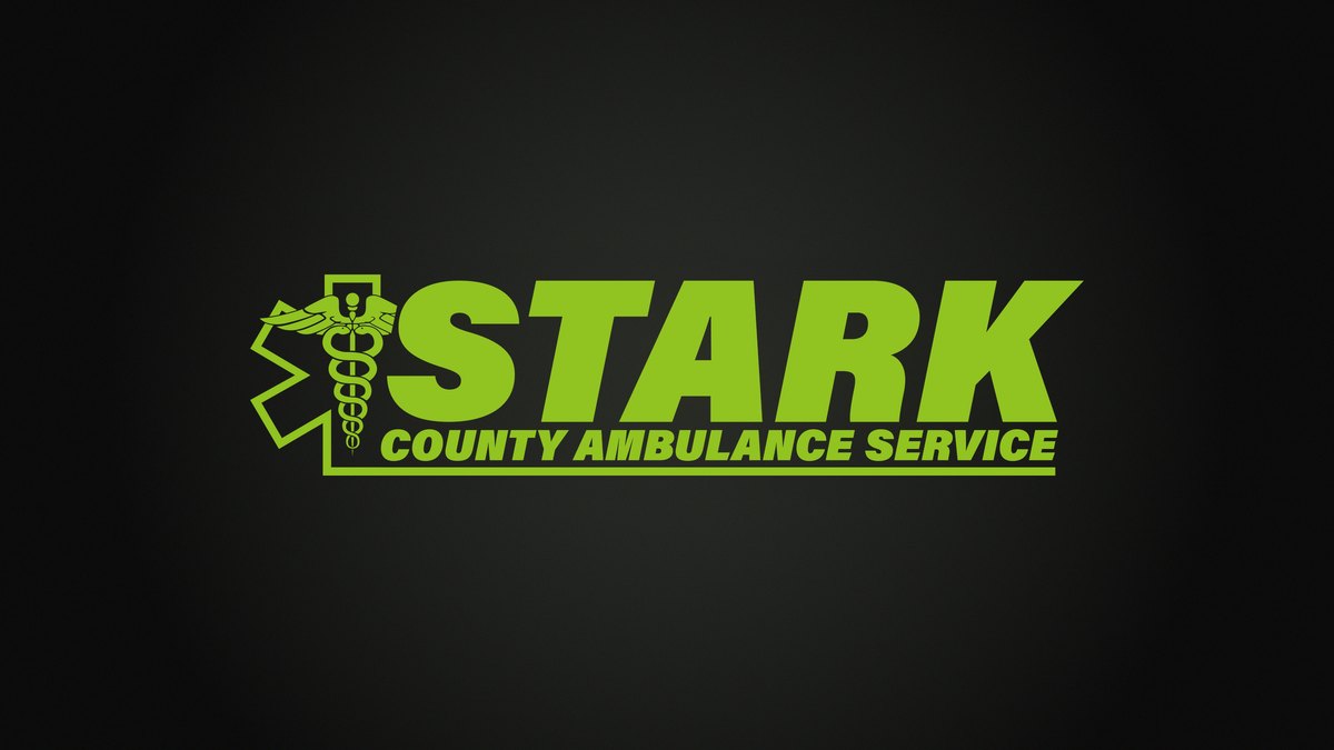Lime green Stark County Ambulance Service logo on a dark charcoal background