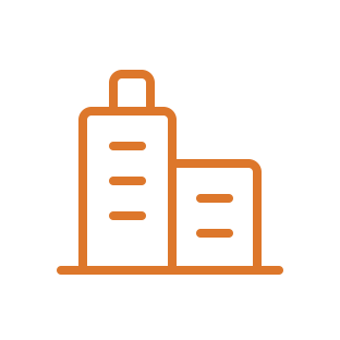 Orange line icon of office buildings representing industries.