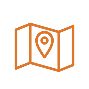 Orange line icon of a folded map with a location pin representing service areas.
