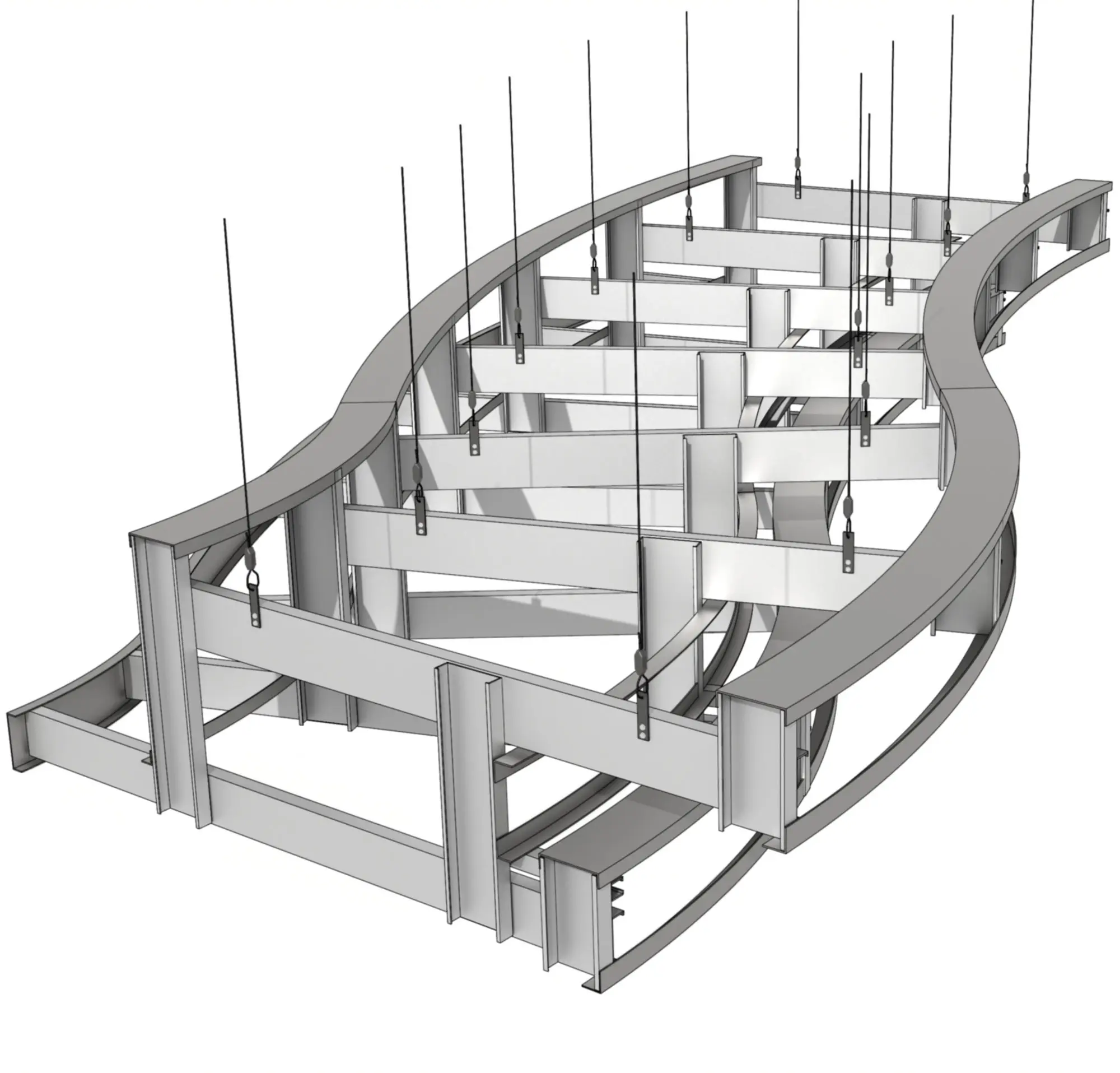 3D model of a curved metal framed soffit using prefabricated assemblies with vertical hanging rods and curved splined geometry control.