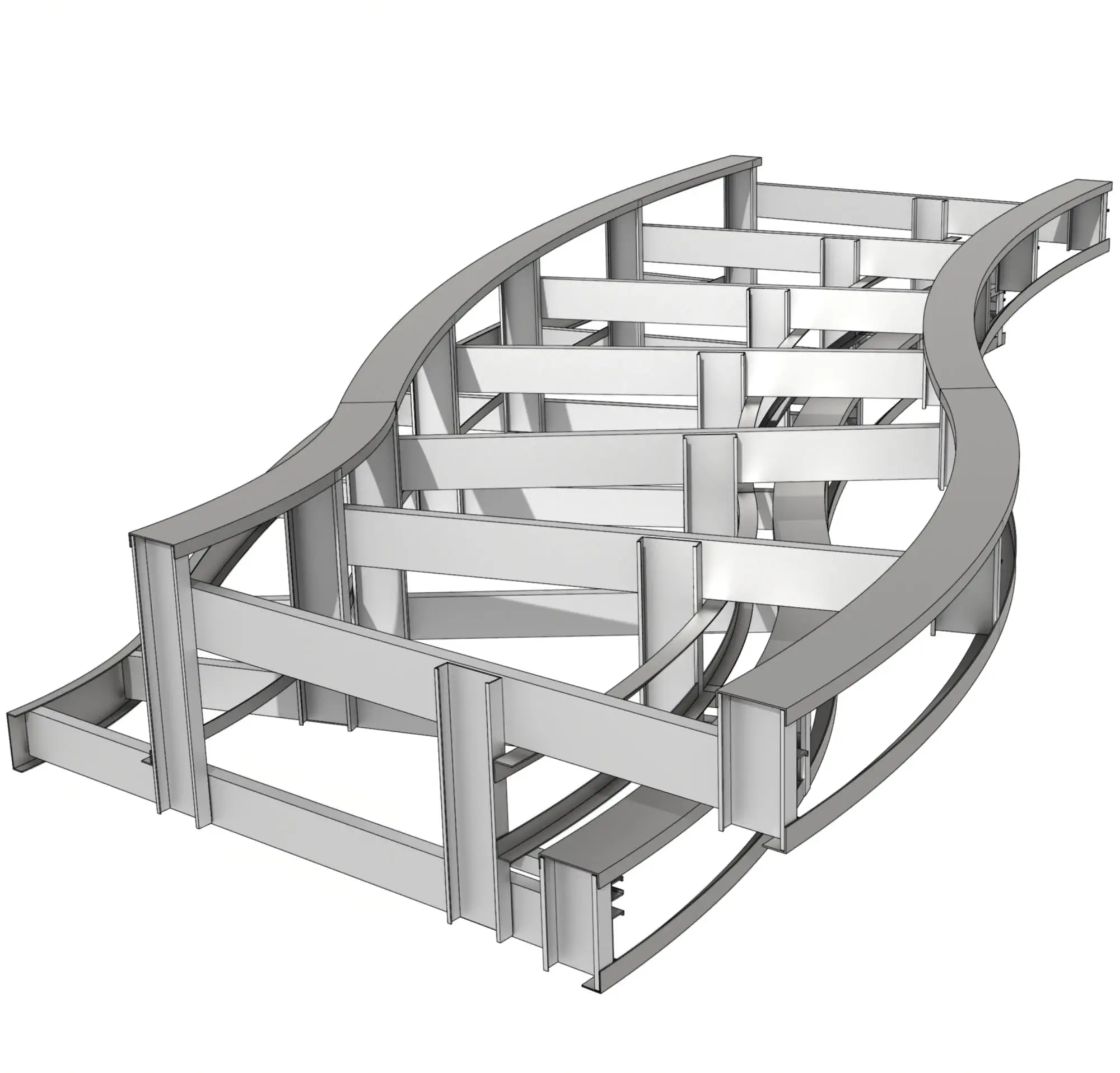 3D model of a curved metal framed soffit using prefabricated assemblies with vertical hanging rods and curved splined geometry control.