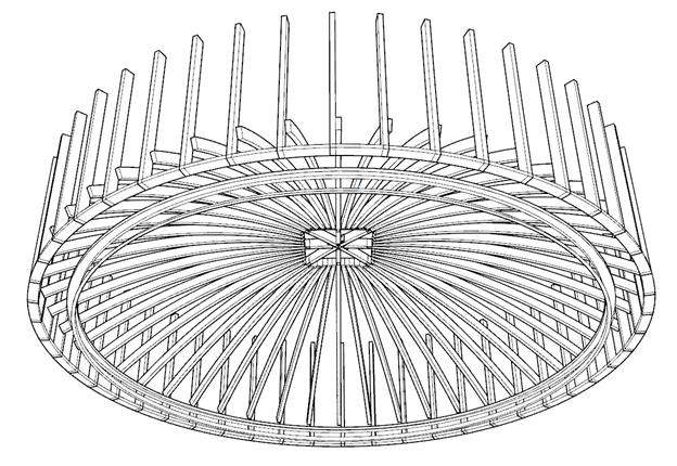Wireframe 3D model of a circular inside dome soffit structure with vertical and radial support beams.
