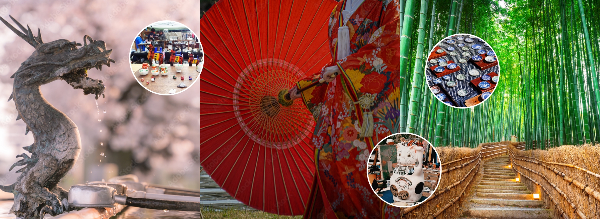Collage of Japanese culture and scenery — featuring a dragon water basin at a shrine, a person in traditional kimono with a red parasol, and the iconic bamboo forest pathway, along with scenes of local crafts and pottery.