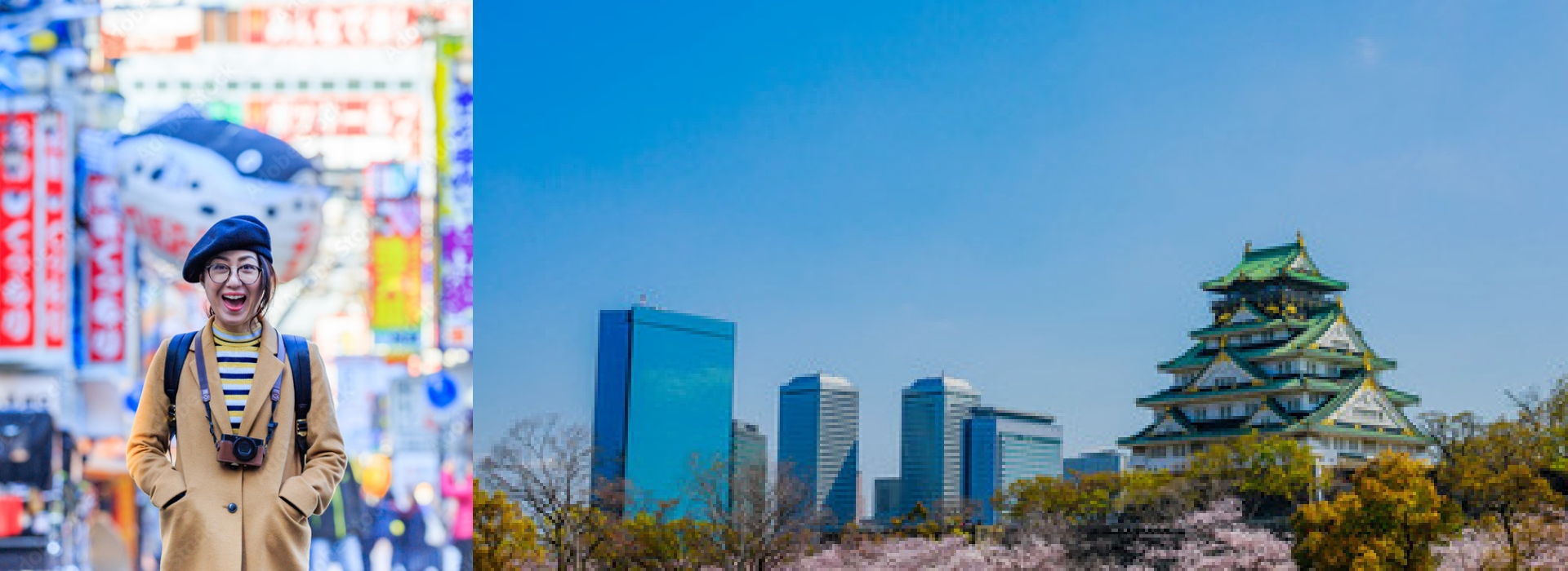 Vibrant scenes from Osaka — a smiling traveler in the colorful streets of Dotonbori and a view of Osaka Castle surrounded by cherry blossoms against a modern skyline