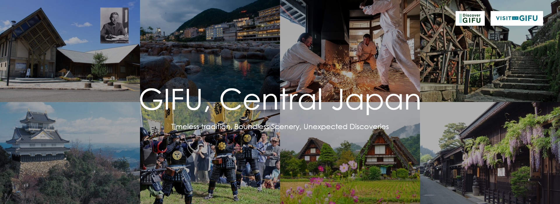 Cherry blossoms in full bloom surrounding a red bridge and traditional floats in Gifu, Japan, during spring