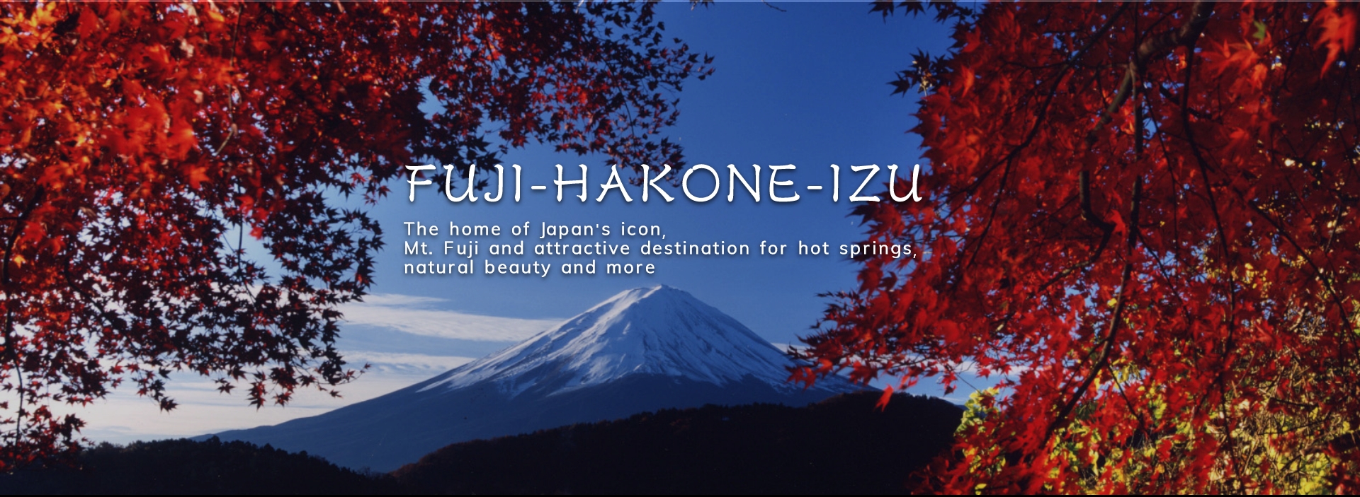 Mount Fuji viewed across a lake framed by vibrant autumn maple leaves in the Fuji-Hakone-Izu region