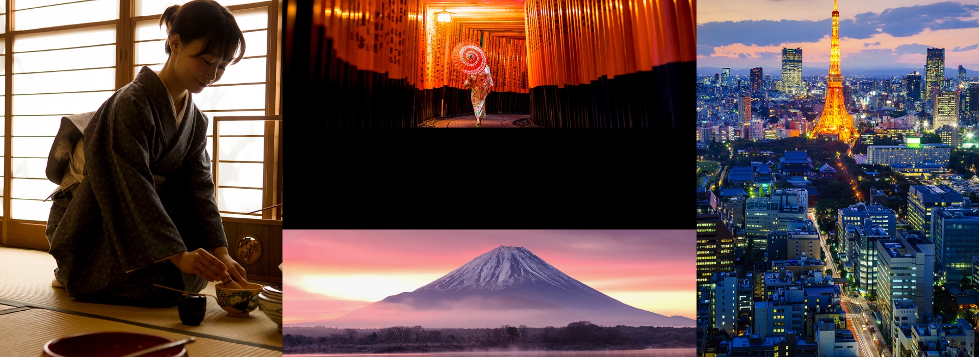 Collage of Japanese culture and scenery: a woman performing tea ceremony, Kyoto’s red torii gates, Mount Fuji at sunrise, and Tokyo Tower at night.
