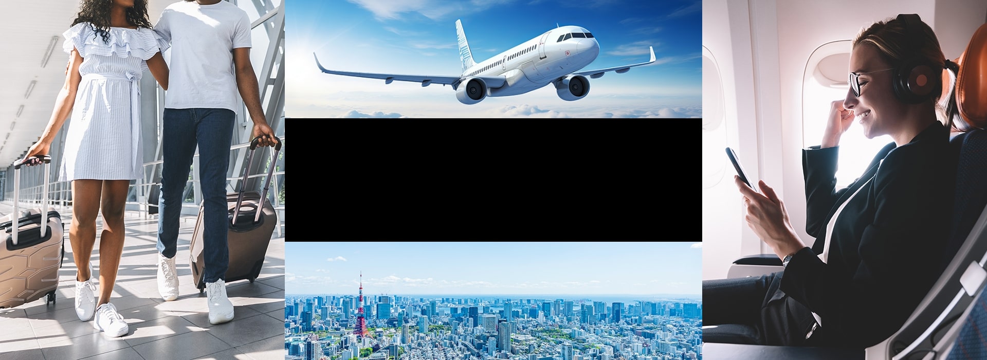 Collage of air travel scenes: travelers with luggage, airplane in flight, passenger using a smartphone, and a city view of Tokyo.