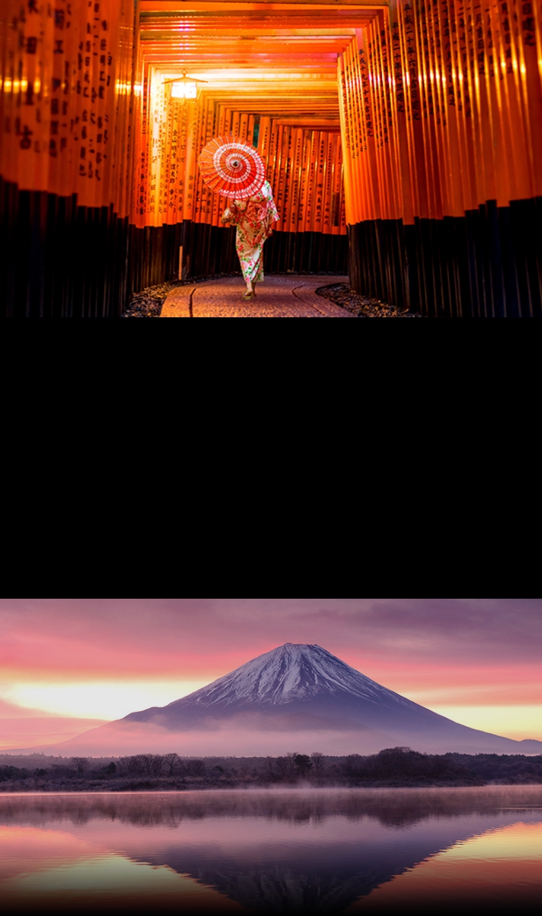 Collage of Japanese culture and scene: Kyoto’s red torii gates, Mount Fuji at sunrise,