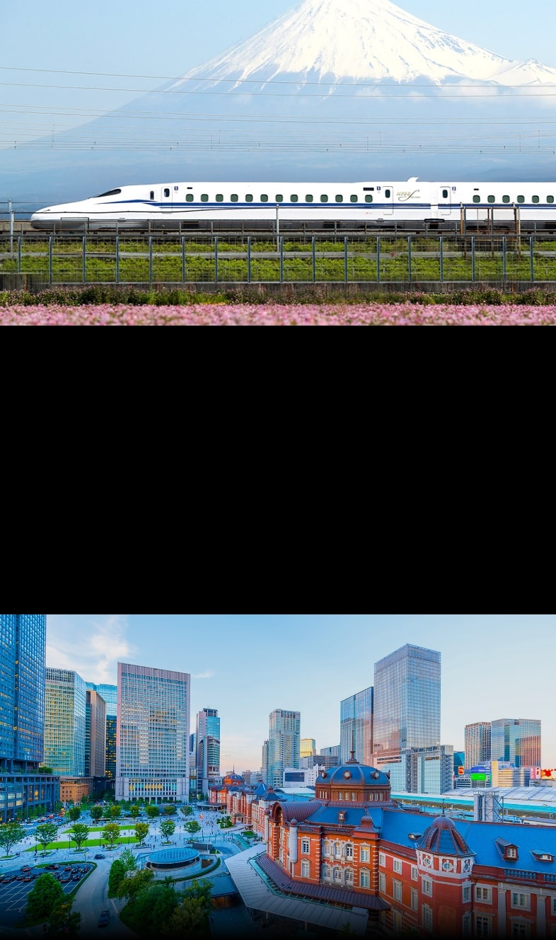 Collage of Japan’s Shinkansen bullet trains and Tokyo Station